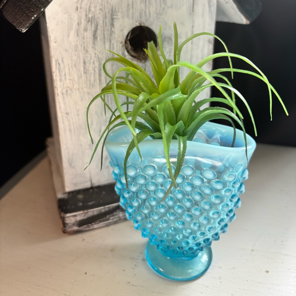 FENTON Northwoods Turquoise Blue Hobnail Opalescent Small Vase